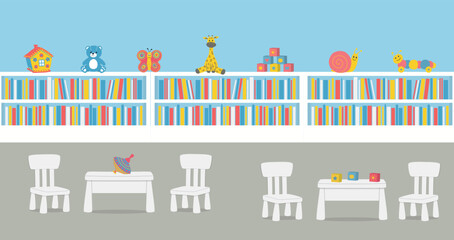 Playroom Interior. Library Indoor. Kindergarten. Kids' Room in Blue Color. Cabinets with Books and Toys. Furniture for Children: Two Tables, Four Chairs. Vector Illustration