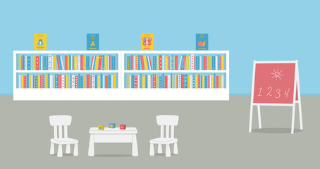 Playroom Interior. Library Indoor. Kindergarten. Kids' Room in Blue Color. Cabinets with Books and Toys. Furniture for Children: Table, Two Chairs. Vector Illustration