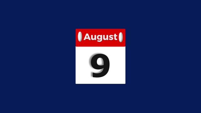 August month 9 date calendar icon animation. Modern design calendar symbol background 4k animation.