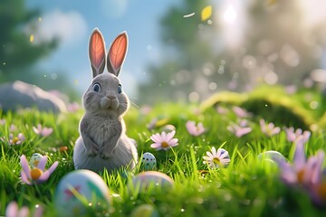 Serene Rabbit in Lush Meadow at Dawn ,rabbit in the grass ,Big gray rabbit sits on the grass in the summer ,Easter bunny in green grass with painted eggs on white background.



