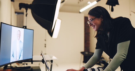 Computer, photographer and woman in studio with results for editing, image selection and process. Photography, creative set and person with model on tech for post production, planning and design