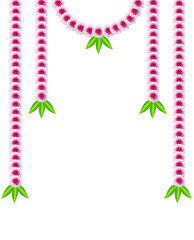 "Traditional Indian Flower Garland Decoration with Pink and White Flowers and Green Leaves on Black Background – Festival and Wedding Floral Frame"