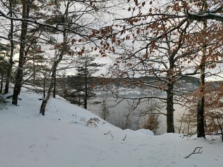 Winter landscape in Norway with lake view
