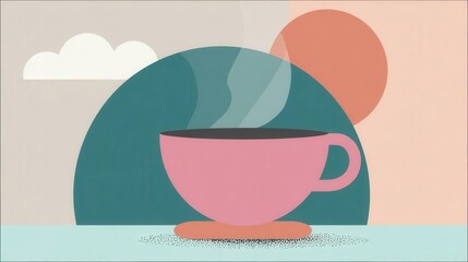 Pink teacup with steam against a backdrop of soft colors.