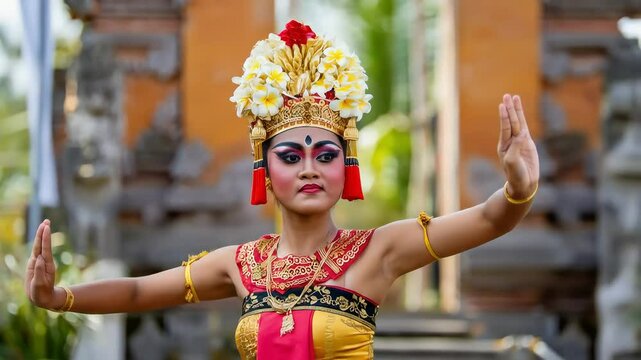 A graceful Balinese dancer in a vibrant traditional costume with a flower headdress performs a sacred dance at a temple