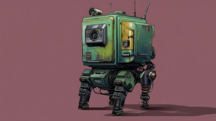 A small, green, robotic camera drone with four mechanical legs stands against a plain background.