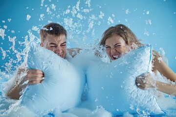 Young couple engaged in a playful pillow fight with water splashes and soap bubbles in a bright blue setting, creating a fun and lively atmosphere together over the weekend
