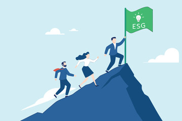  Flat illustration of employees climbing mountain with green ESG lightbulb as corporate sustainability flag 
