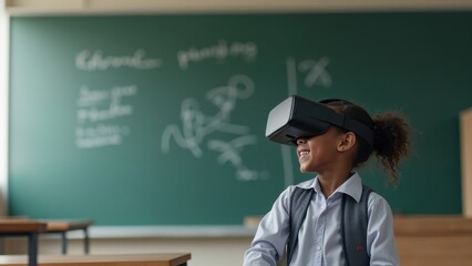 Smiling dark-skinned girl in virtual reality glasses on blackboard background