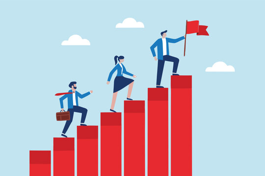 Flat illustration of business leader planting flag on top of red progress bars while team climbs steps of startup achievement 