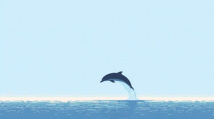 Dolphin leaping in a serene ocean scene.