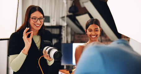 People, photographer and smile with model for photoshoot, planning and backstage. Women, technology and camera for filming production, videography and photography internship for digital agency