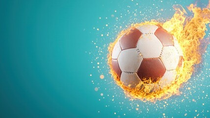 Fiery soccer soaring, ball engulfed in flames against teal backdrop, sparking dynamic sports imagery