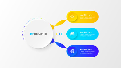Modern creative 3 step infographic design with large white circle. Business process with marketing icons and colorful layout. Vector illustration.