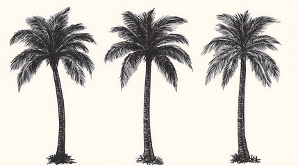 Pen and ink sketch of three palm trees hand drawn black isolated on white