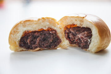 Anpan. White background. Grain bean jam. Japan. Japanese food. Japanese sweets. Sweet bread. Snacks. Sweets.