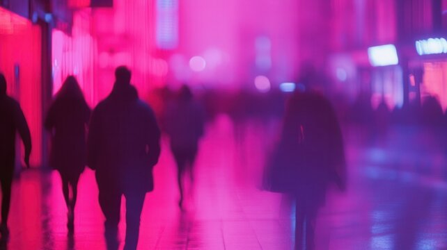 Shadowy silhouettes moving along neon lit urban street, blurred cityscape glowing with pink and purple nighttime energy