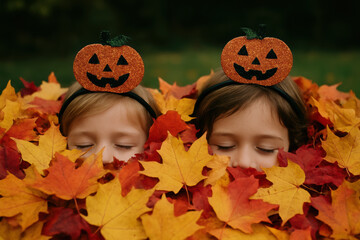 Children with pumpkin headbands playing in colorful autumn leaves, celebrating fall season outdoors with happy expressions