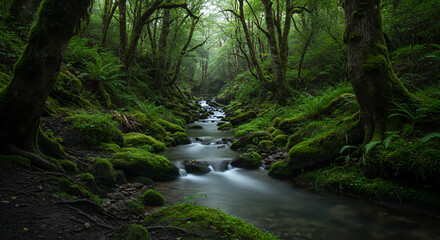 Obraz premium Lush green forest with tall trees moss-covered rocks and a gentle flowing stream through the woods on a misty forest morning natural scenic landscape