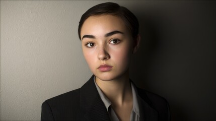 woman, laughing, smile, happy, confident, joy, cheerful, expression, formal, blazer, shirt, professional, elegant, stylish, hair, bun, arms, crossed, head, tilt, eyes, closed, mouth, open, atmosphere,