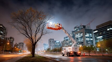 City street at night with aerial work platform