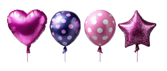 Colorful assortment of helium balloons in various shapes and patterns, ideal for celebrations