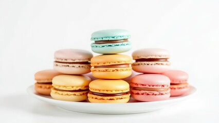 Fototapeta premium Assortment of colorful french macarons stacked on a white plate isolated on white background
