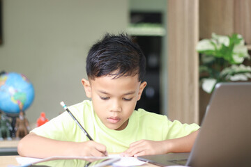 Young boy studying and doing homework at home with notebook and laptop. Concept of distance learning, education, homeschooling, and online classes for children.