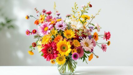 Vibrant mixed flower bouquet in glass vase isolated on white background
