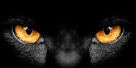 Close-up of black cat eyes glowing in the dark