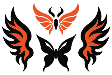 set of style neo tribal tattoos, wings, fire flame silhouettes, grunge metal illustrations, butterflies vector design