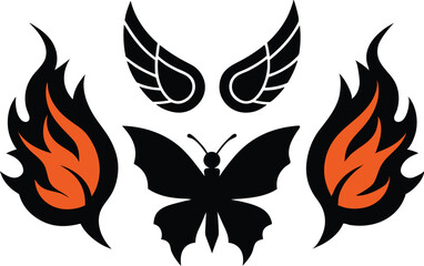 set of style neo tribal tattoos, wings, fire flame silhouettes, grunge metal illustrations, butterflies vector design