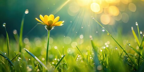 Obraz premium Golden Hour Bloom A Single Yellow Wildflower Basking in the Morning Sun's Rays, Dew-Kissed Blades of Grass Surround It, Creating a Serene Natural Scene