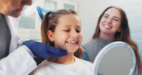 Fotobehang Tandarts Happy child, dentist and mirror for oral hygiene or teeth health with advice from orthodontist. Girl, family or woman in clinic for dental care, wellness and results or education on cleaning of mouth  © peopleimages.com