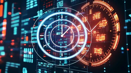 Futuristic digital dashboard displaying time, data metrics, and vibrant neon elements in a tech environment - Powered by Adobe