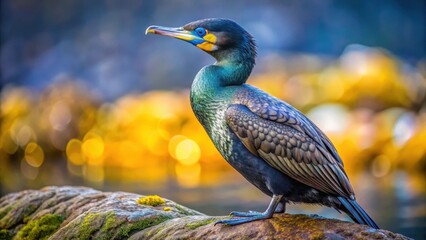 Fototapeta premium A Vibrant Coastal Bird Perched on a Mossy Rock, Bathed in Golden Sunlight