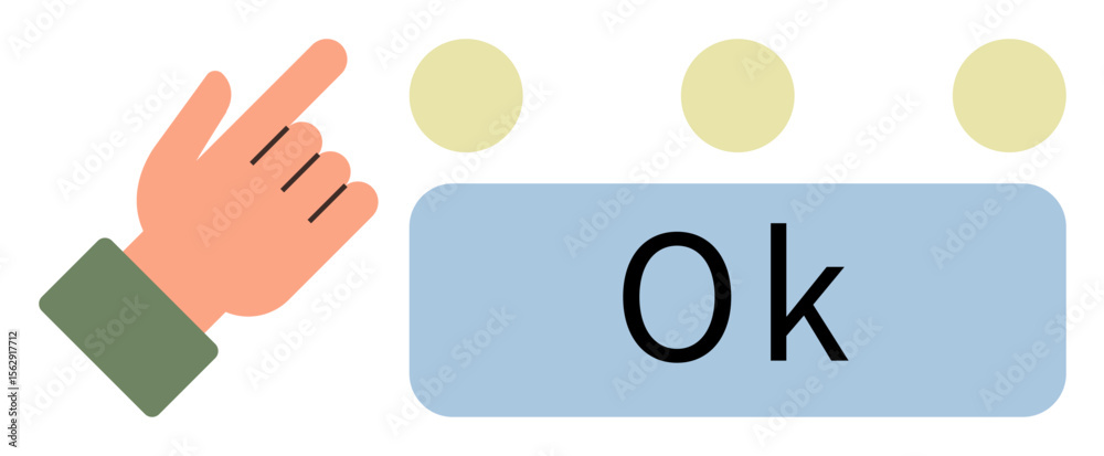 Poster hand pointing at ok button for confirmation, surrounded by three dots. ideal for user interaction, d