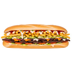 A Massive South African Gatsby Sandwich a Submarine Roll Filled with Chips and Masala Steak on isolated transparent background