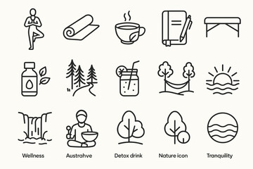 Wellness and relaxation icons featuring yoga, nature, and meditation elements