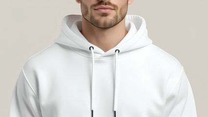 Close-up of a man wearing a blank white hoodie. Casual apparel mockup for branding or design print, isolated on a clean studio background for placing your logo or text.