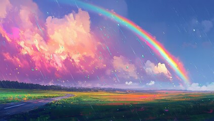 Obraz premium Colorful rainbow over a road through a field after rain