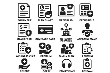 Healthcare icons: policy, plan, medical id, insurance coverage, benefits