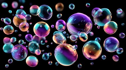 Colorful iridescent bubbles on black background