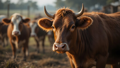 Naklejka premium Brown cow with a glowing jar, set against a blurred background of other cows in a farm environment