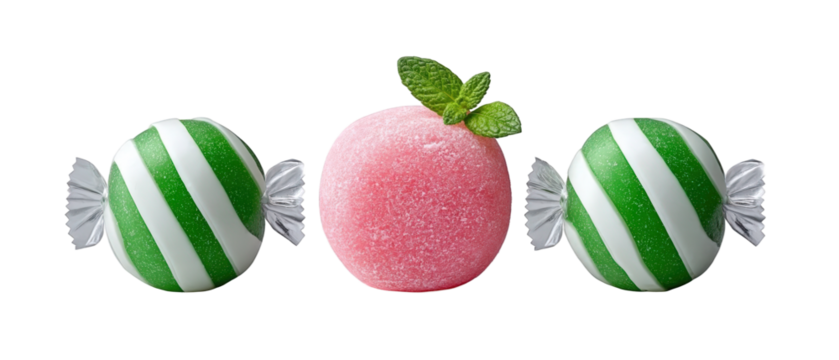 Colorful candy assortment featuring green-striped candies and a pink marshmallow with leaf