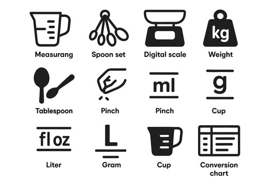 Kitchen measurement icons set: measuring cup, spoon set, digital scale, weight, tablespoon