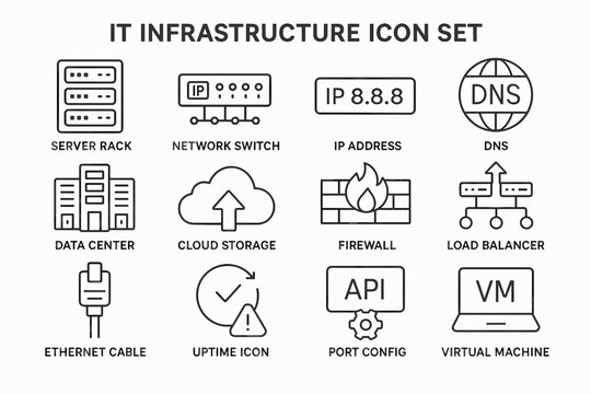 Comprehensive it infrastructure icon set with server, network, and cloud elements