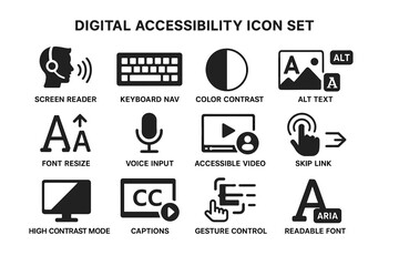 Digital accessibility icon set featuring screen reader and keyboard navigation