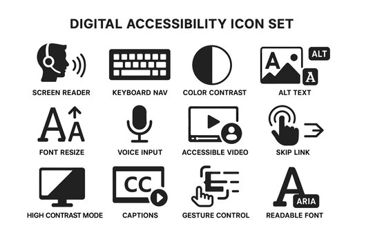 Digital accessibility icon set featuring screen reader and keyboard navigation