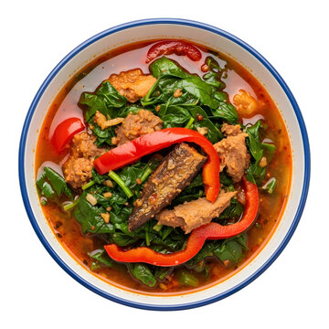 A Rich Bowl of Nigerian Efo Riro a Hearty Spinach Stew with Assorted Meats and Palm Oil on isolated transparent background
